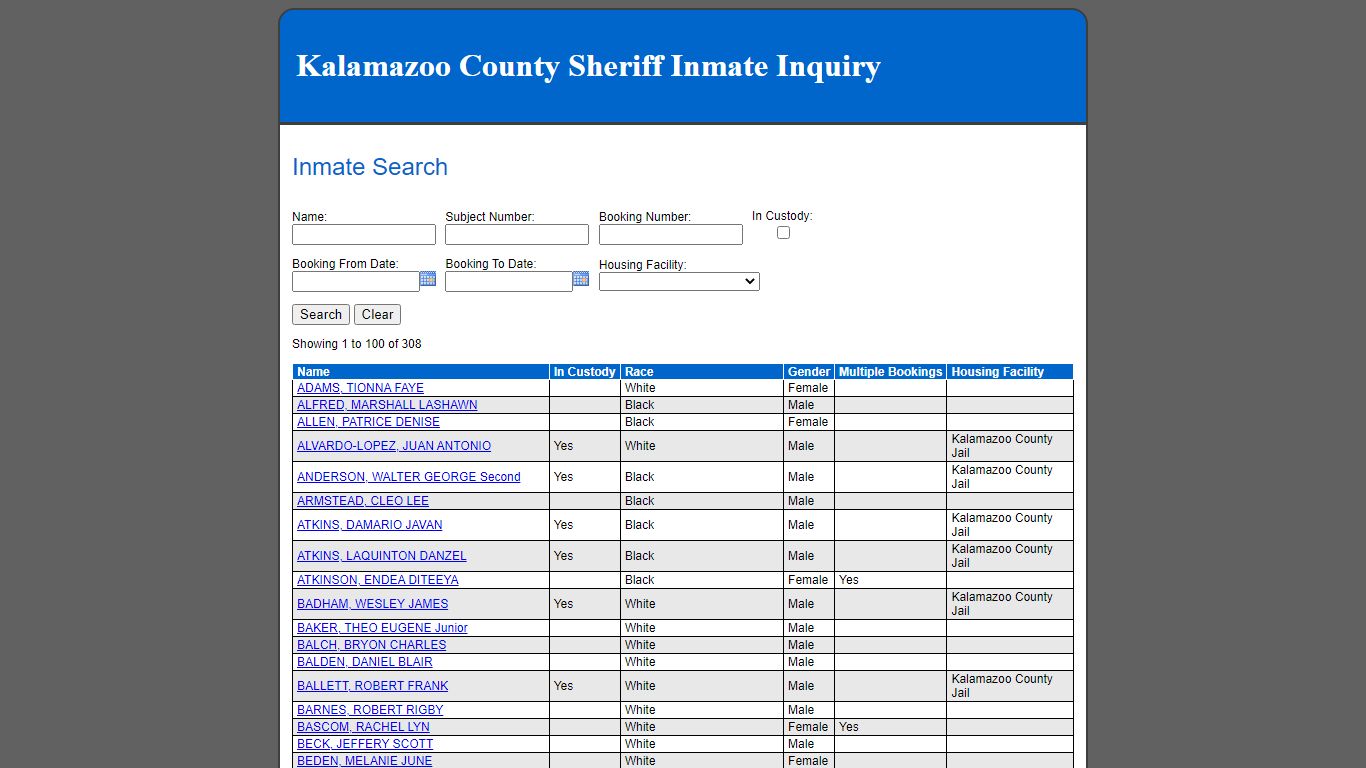 Inmate Search - Kalamazoo County County Consolidated Dispatch